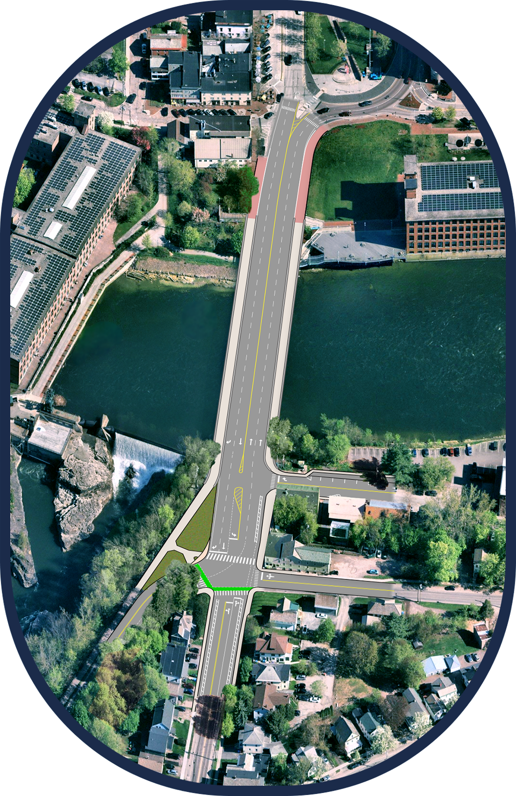 An aerial view of a newly constructed bridge spanning a river, connecting two parts of a city. Commercial buildings and parking lots line one side, while residential houses with green yards and trees are on the other. The river has greenish water, and nearby, there’s an intersection with traffic lights and pedestrian crossings.